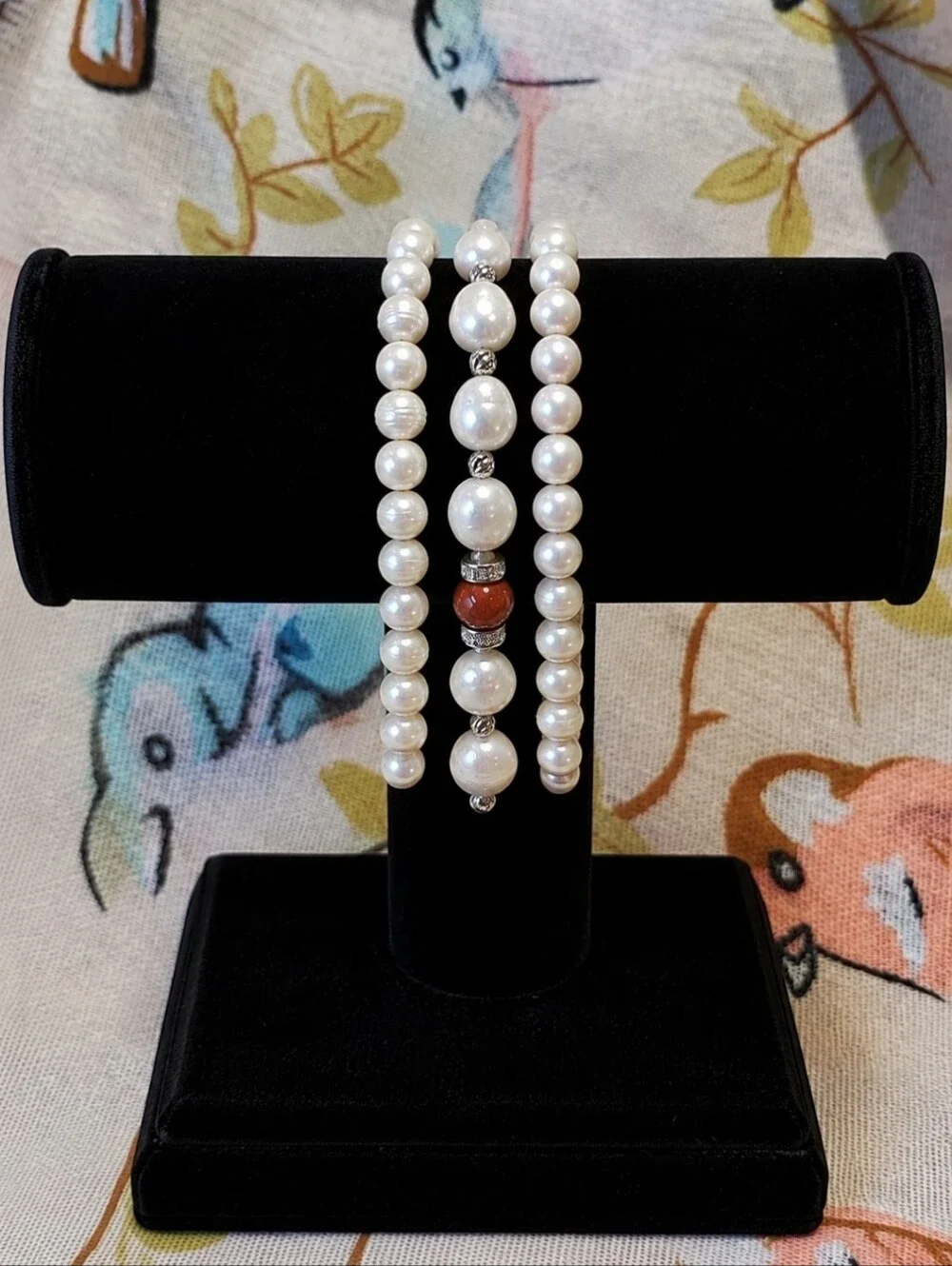 Set of 3 Pearl Stretch Bracelets Sunstone or Goldstone Bead Gritty Cold Vintage